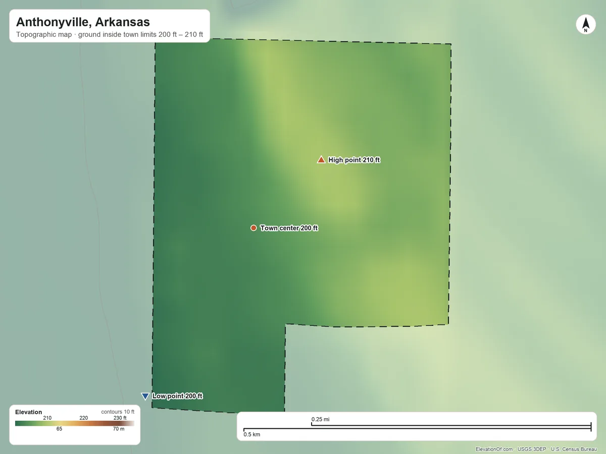 Topographic elevation map of Anthonyville, Arkansas, shaded from 200 ft on the southwest side to 210 ft on the northeast side