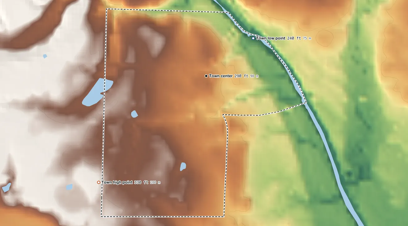 Topographic elevation map of Antoine, Arkansas, shaded from 240 ft on the northeast side to 330 ft on the southwest side