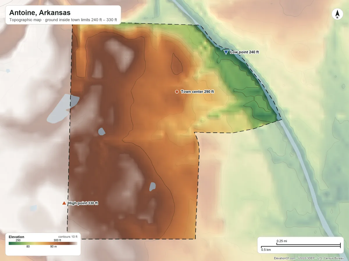 Topographic elevation map of Antoine, Arkansas, shaded from 240 ft on the northeast side to 330 ft on the southwest side