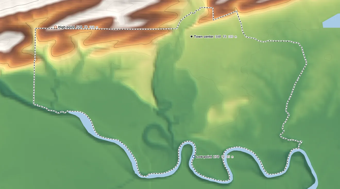Topographic elevation map of Aplin, Arkansas, shaded from 270 ft on the south side to 520 ft on the west edge, below higher ground just outside