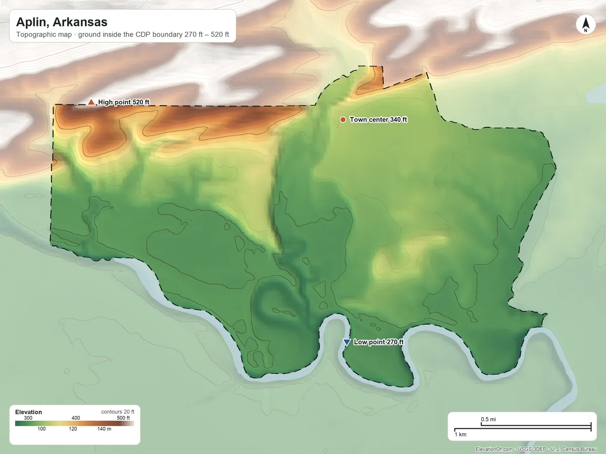 Topographic elevation map of Aplin, Arkansas, shaded from 270 ft on the south side to 520 ft on the west edge, below higher ground just outside