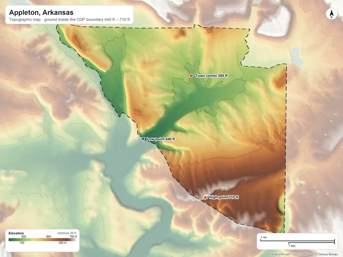 Topographic elevation map of Appleton, Arkansas, shaded from 440 ft on the southwest side to 710 ft on the south side