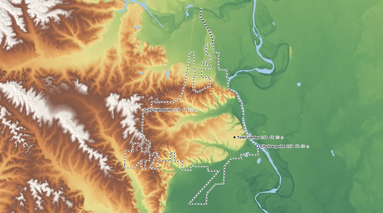 Topographic elevation map of Arkadelphia, Arkansas, shaded from 160 ft on the east side to 370 ft on the west side