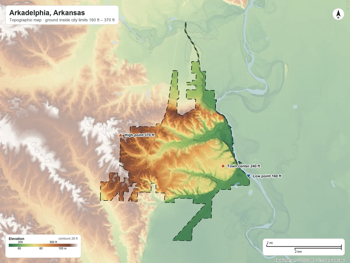 Topographic elevation map of Arkadelphia, Arkansas, shaded from 160 ft on the east side to 370 ft on the west side