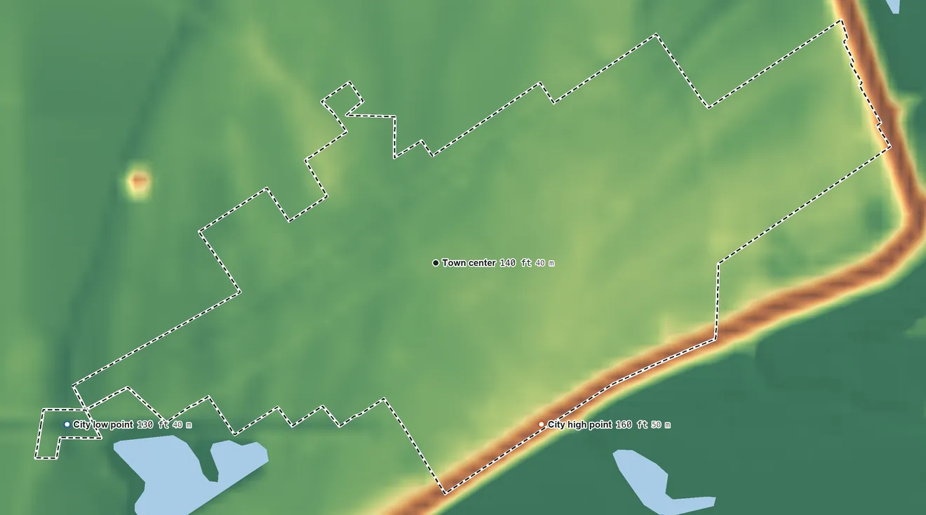 Topographic elevation map of Arkansas City, Arkansas, shaded from 130 ft on the southwest side to 160 ft on the southeast side