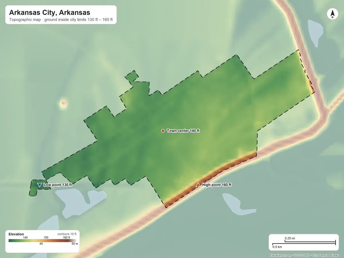 Topographic elevation map of Arkansas City, Arkansas, shaded from 130 ft on the southwest side to 160 ft on the southeast side