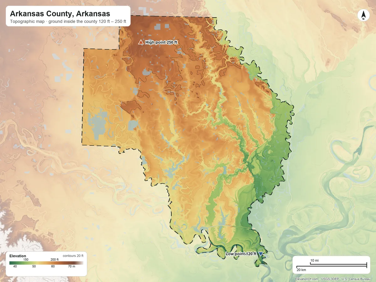 Topographic elevation map of Arkansas County, Arkansas, shaded from 120 ft on the southeast side to 250 ft on the northwest side