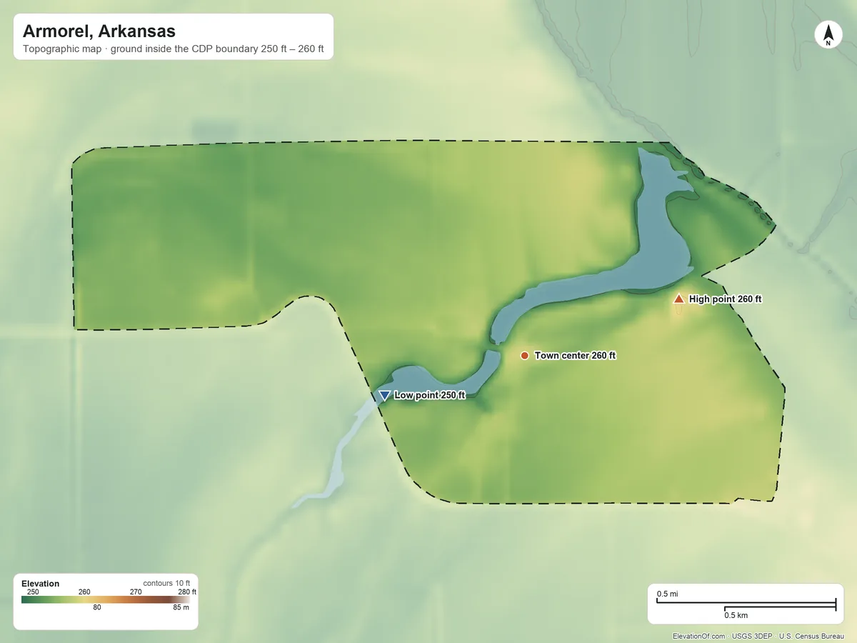 Topographic elevation map of Armorel, Arkansas, shaded from 250 ft on the west side to 260 ft on the east side