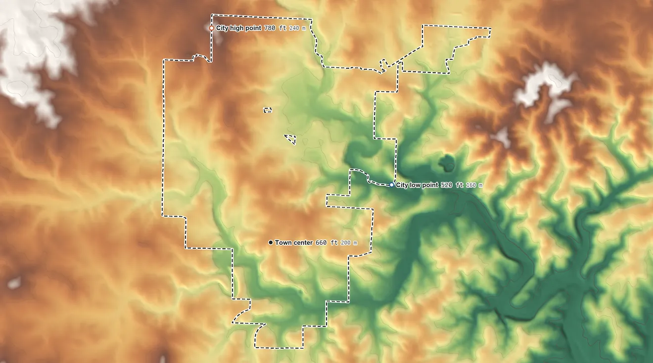 Topographic elevation map of Ash Flat, Arkansas, shaded from 520 ft on the northeast side to 780 ft on the north side