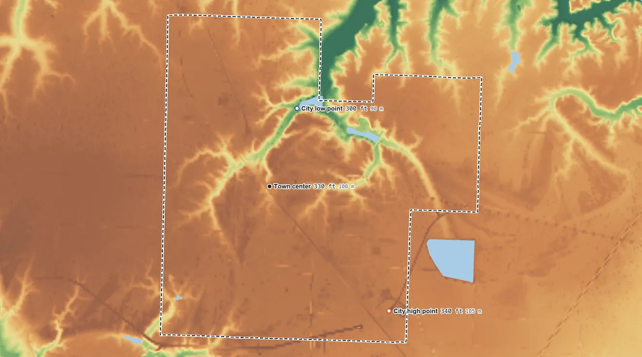 Topographic elevation map of Ashdown, Arkansas, shaded from 300 ft on the north side to 340 ft on the southeast side