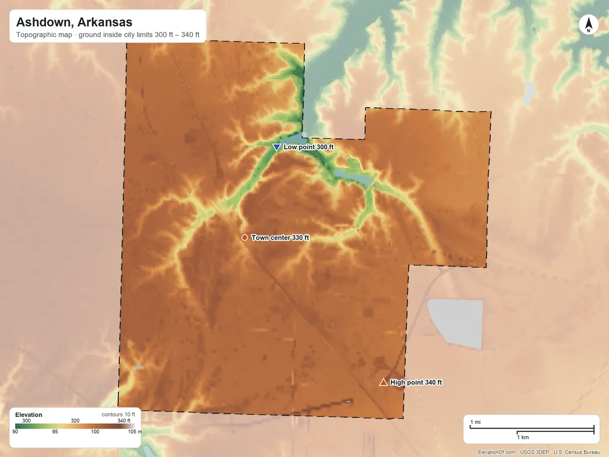 Topographic elevation map of Ashdown, Arkansas, shaded from 300 ft on the north side to 340 ft on the southeast side
