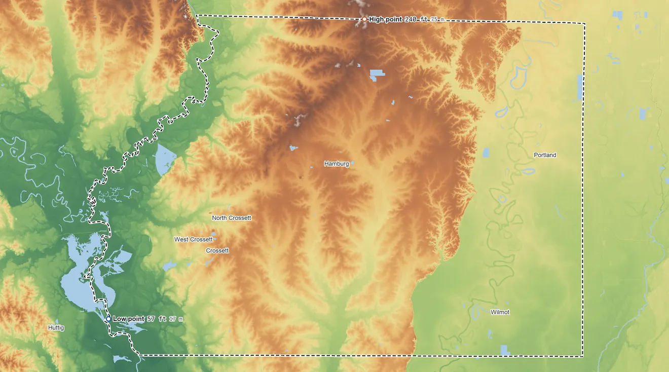 Topographic elevation map of Ashley County, Arkansas, shaded from 57 ft on the southwest side to 240 ft on the north side