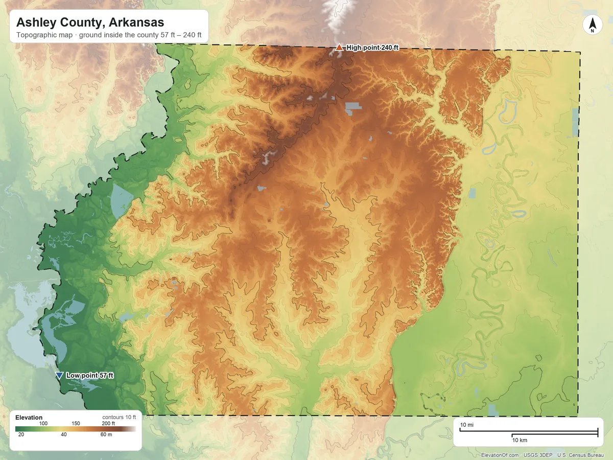 Topographic elevation map of Ashley County, Arkansas, shaded from 57 ft on the southwest side to 240 ft on the north side