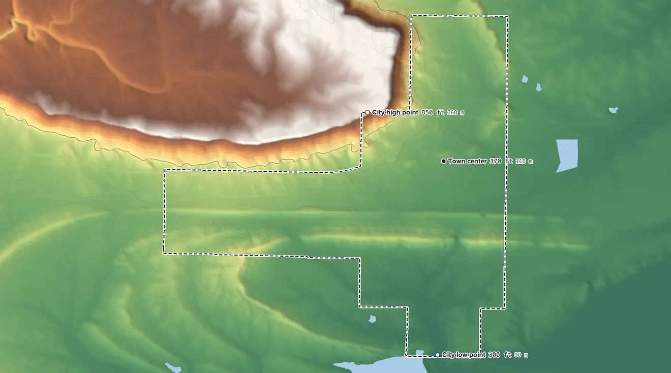 Topographic elevation map of Atkins, Arkansas, shaded from 300 ft on the south side to 850 ft on the northwest side