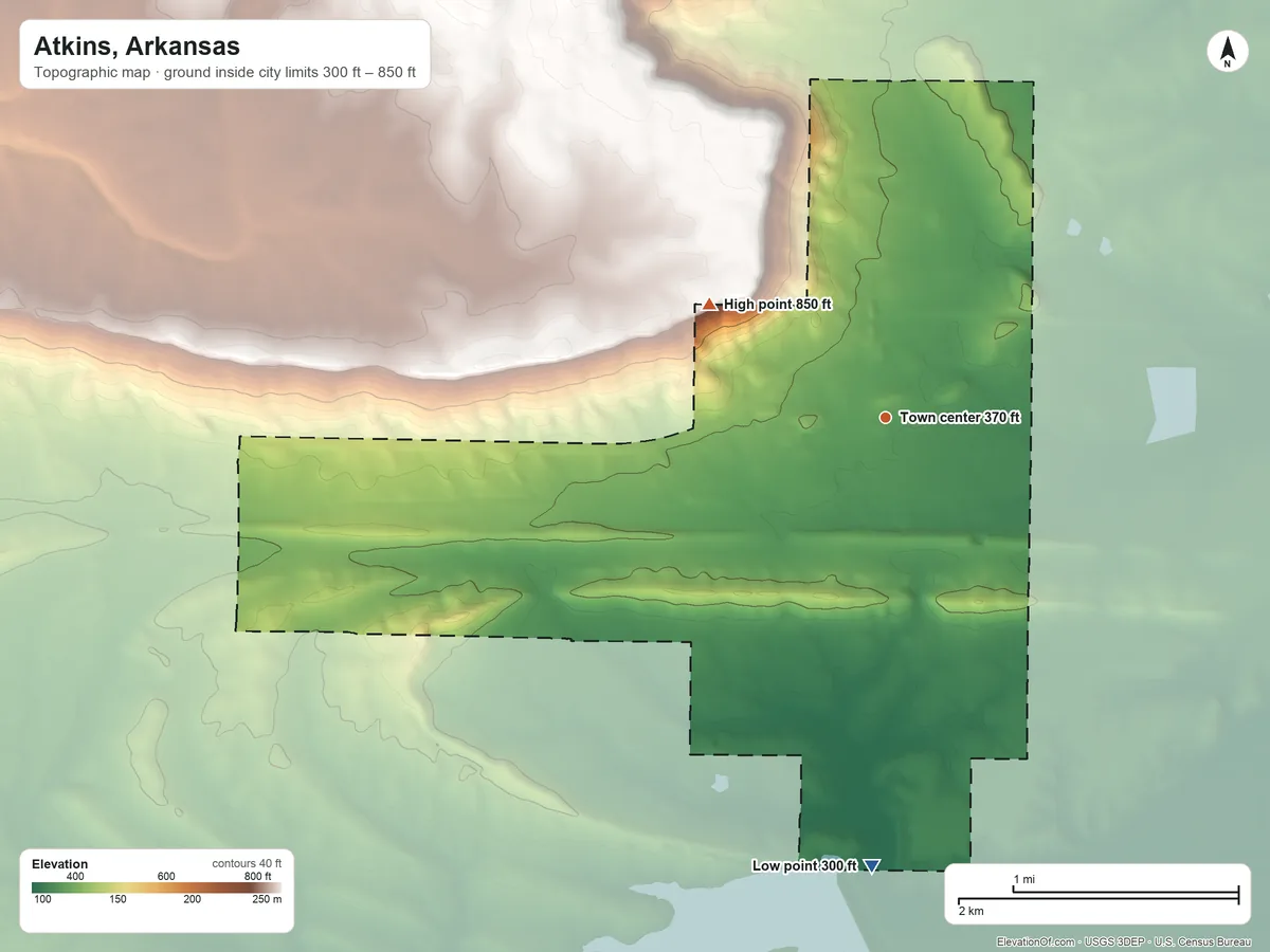 Topographic elevation map of Atkins, Arkansas, shaded from 300 ft on the south side to 850 ft on the northwest side