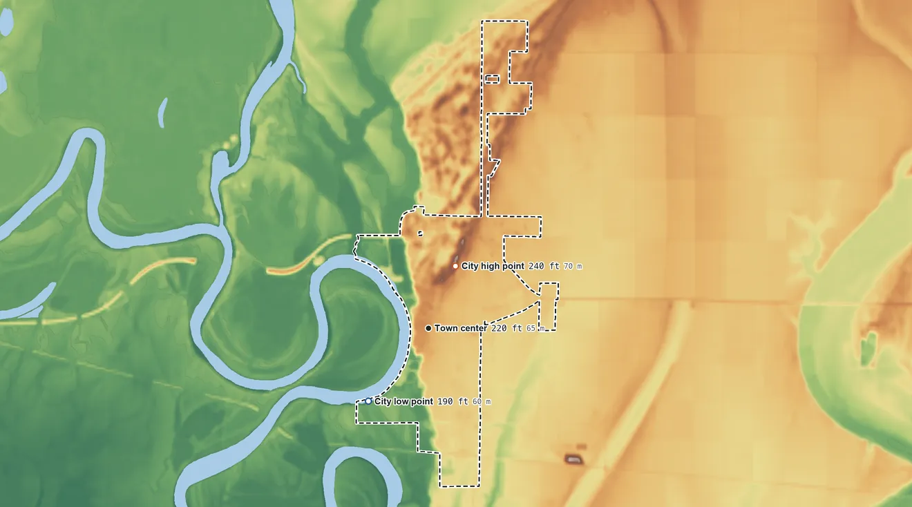 Topographic elevation map of Augusta, Arkansas, shaded from 190 ft on the southwest side to 240 ft on the northeast side
