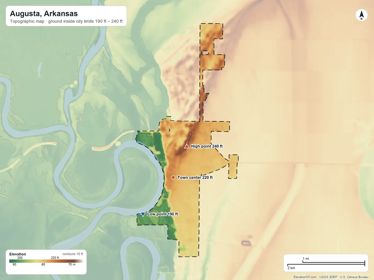 Topographic elevation map of Augusta, Arkansas, shaded from 190 ft on the southwest side to 240 ft on the northeast side