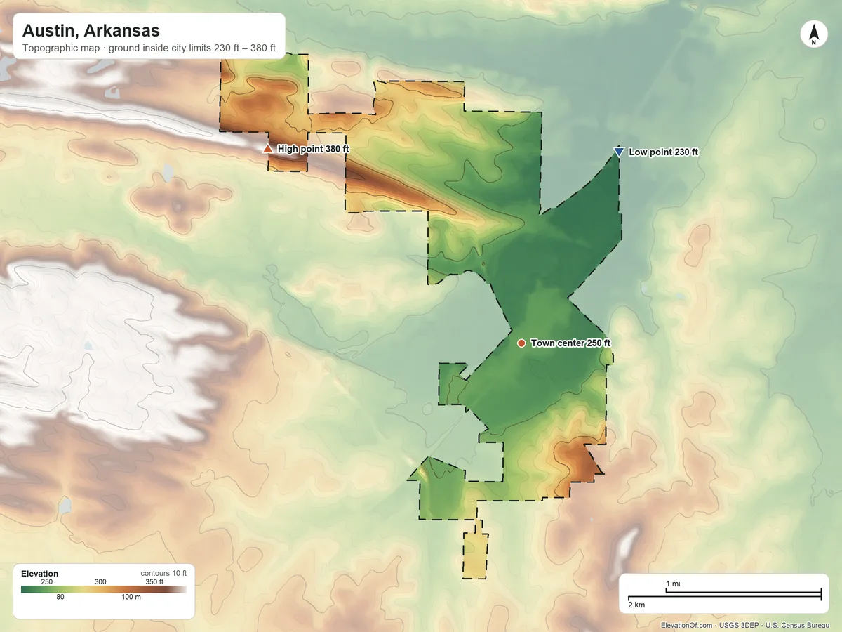 Topographic elevation map of Austin, Arkansas, shaded from 230 ft on the northeast side to 380 ft on the northwest side