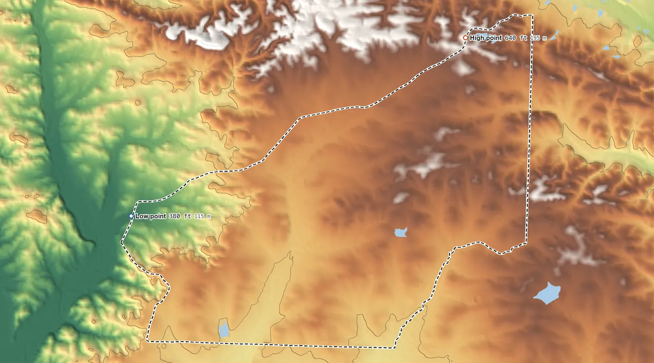 Topographic elevation map of Avilla, Arkansas, shaded from 380 ft on the west side to 640 ft on the north side