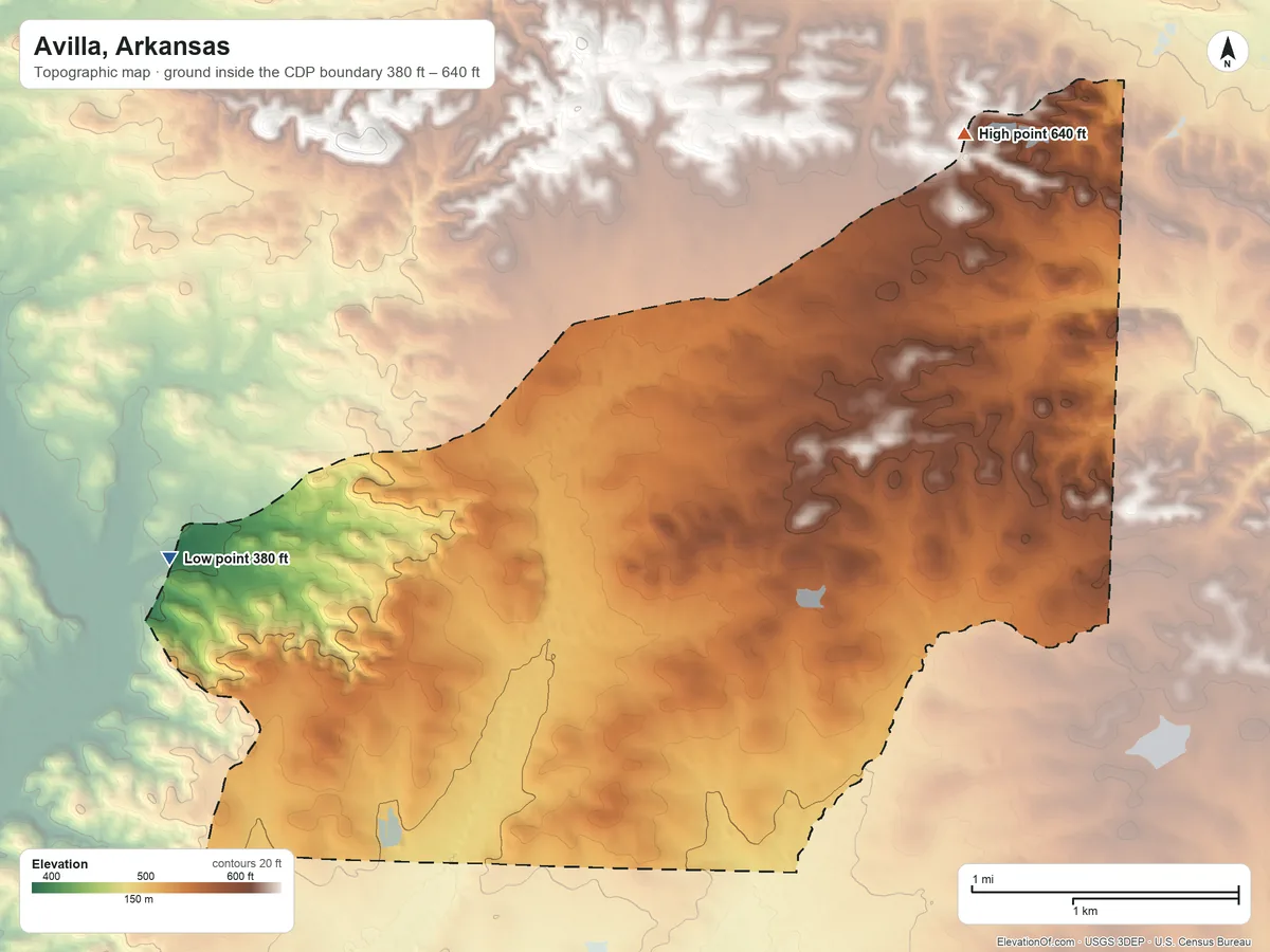 Topographic elevation map of Avilla, Arkansas, shaded from 380 ft on the west side to 640 ft on the north side