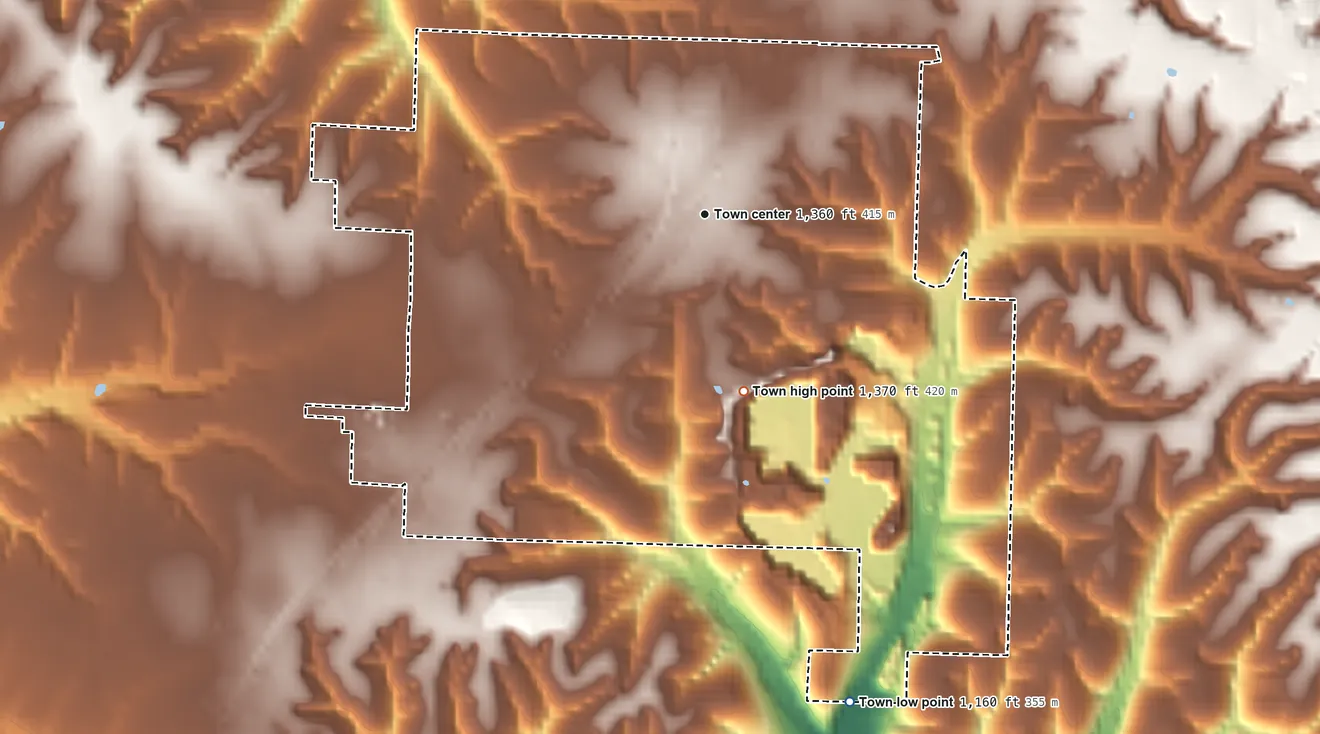 Topographic elevation map of Avoca, Arkansas, shaded from 1,160 ft on the south side to 1,370 ft on the south side