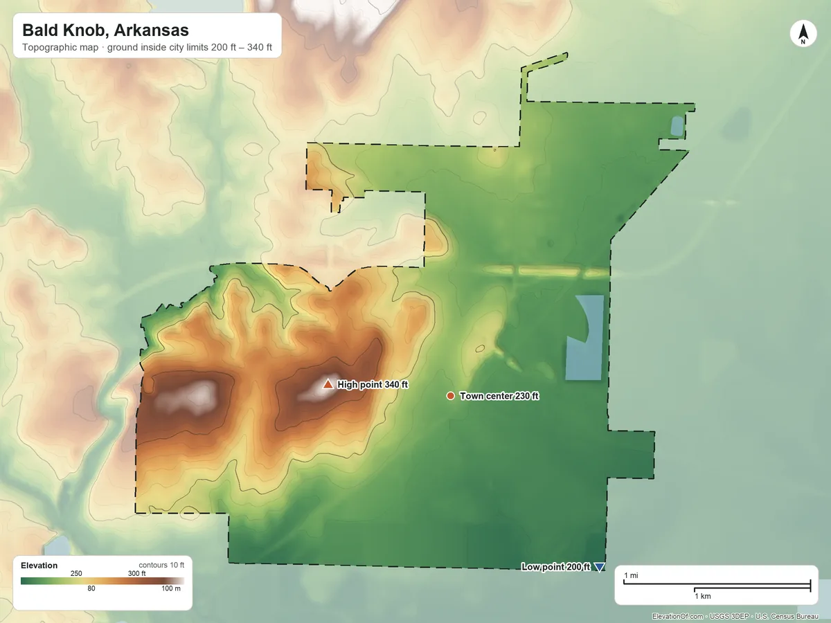 Topographic elevation map of Bald Knob, Arkansas, shaded from 200 ft on the southeast side to 340 ft on the west side