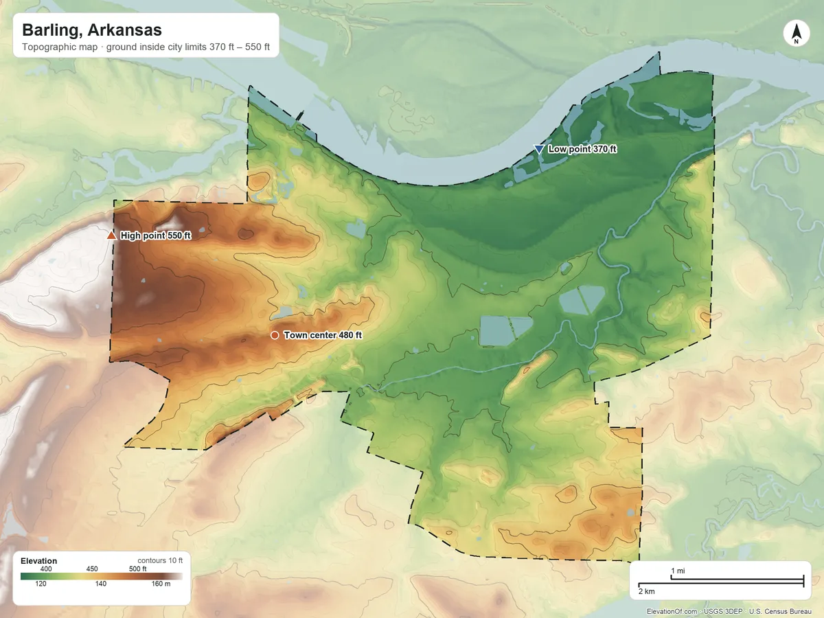 Topographic elevation map of Barling, Arkansas, shaded from 370 ft on the northeast side to 550 ft on the northwest side