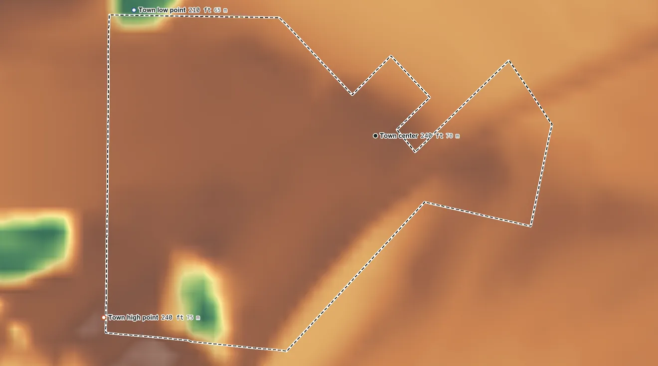 Topographic elevation map of Bassett, Arkansas, shaded from 210 ft on the northwest side to 240 ft on the southwest side