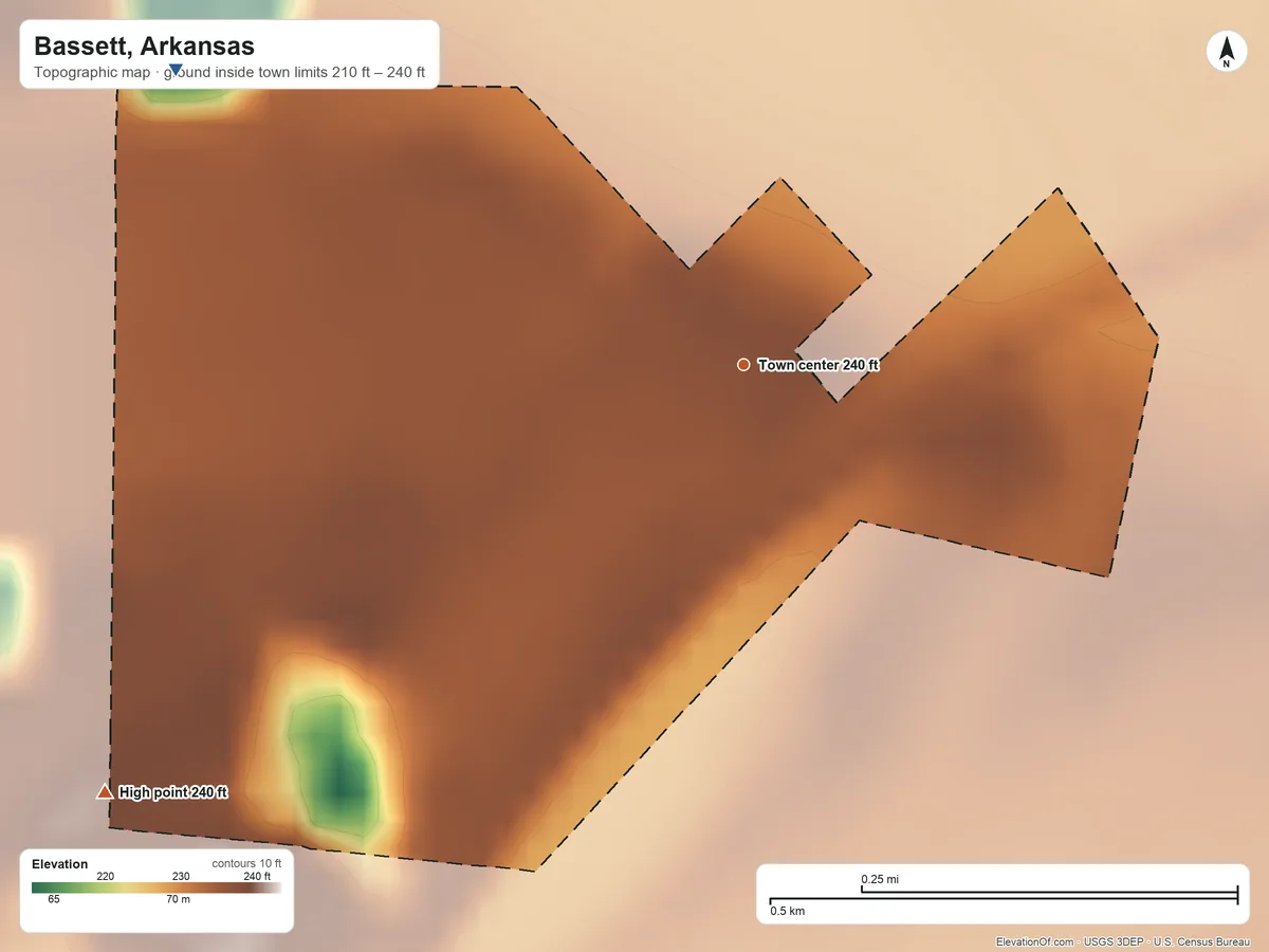 Topographic elevation map of Bassett, Arkansas, shaded from 210 ft on the northwest side to 240 ft on the southwest side