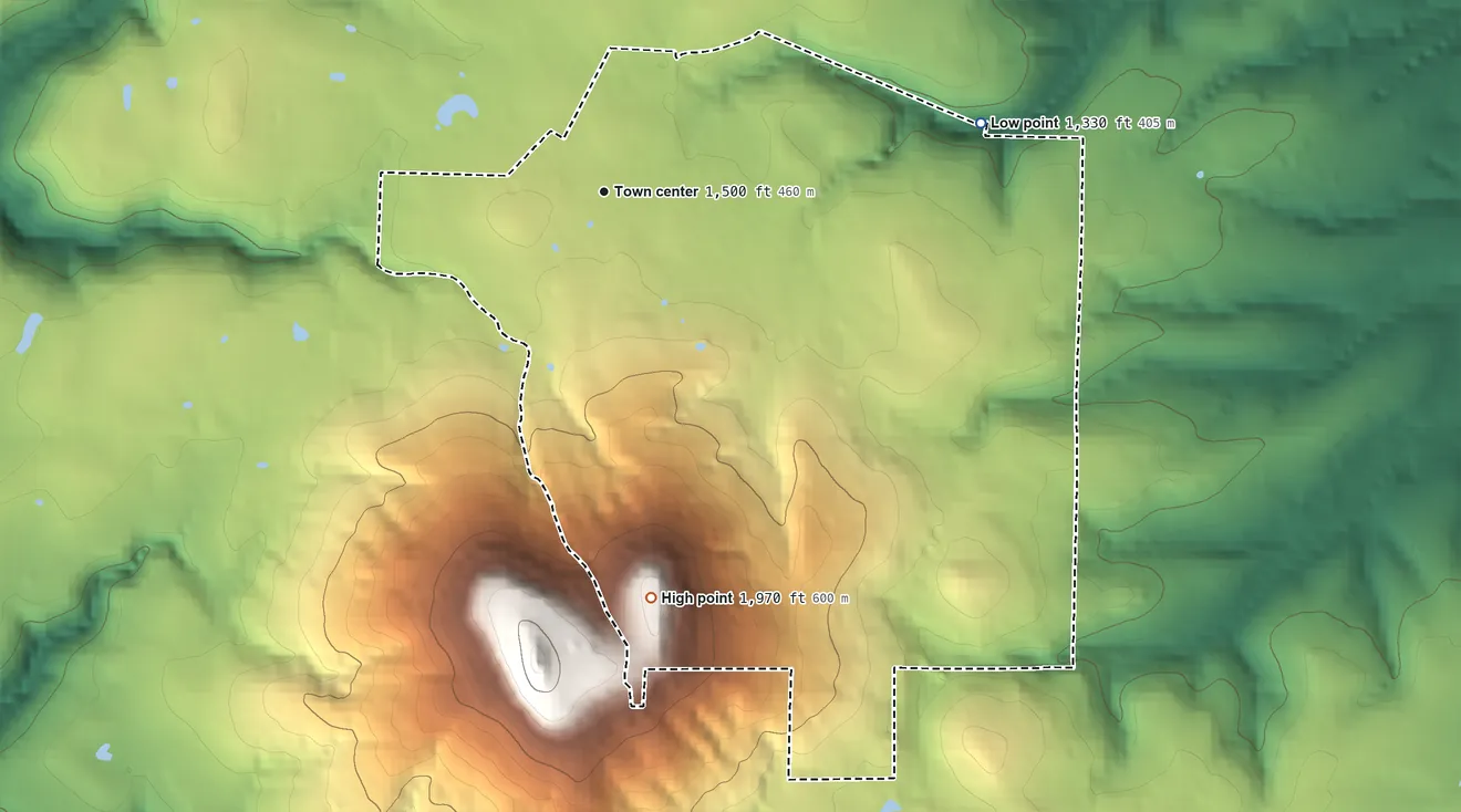 Topographic elevation map of Batavia, Arkansas, shaded from 1,330 ft on the east side to 1,970 ft on the south side