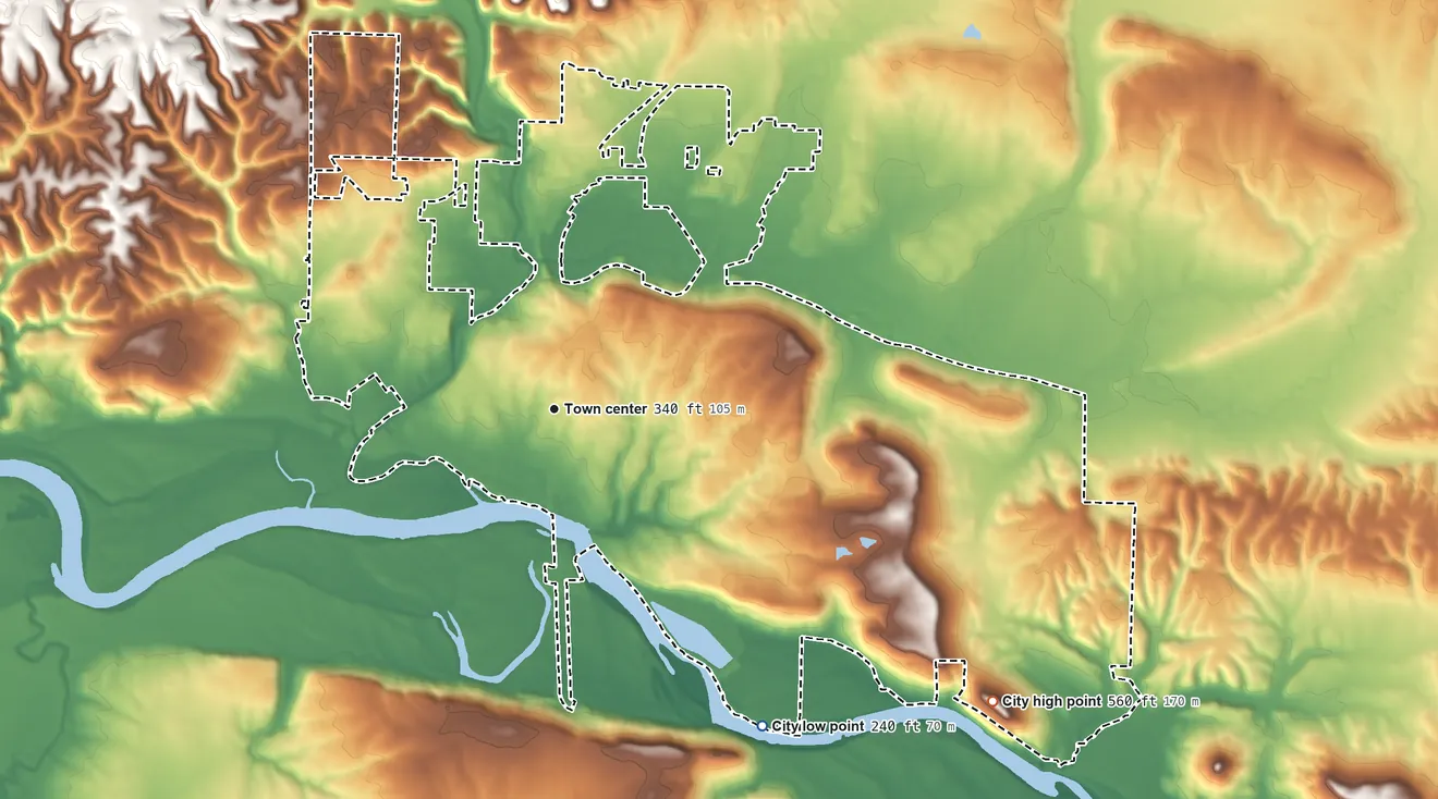 Topographic elevation map of Batesville, Arkansas, shaded from 240 ft on the southeast side to 560 ft on Eagle Mountain