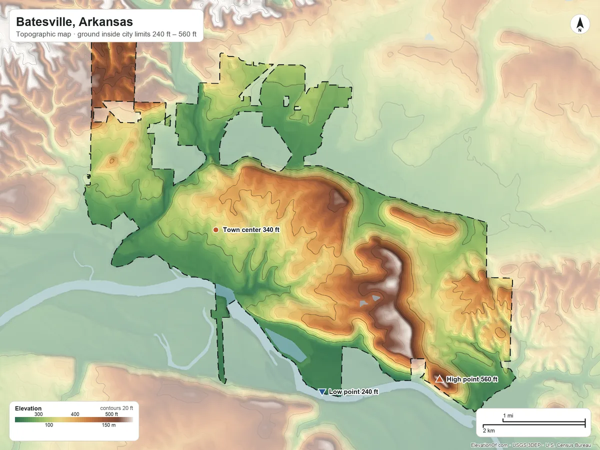 Topographic elevation map of Batesville, Arkansas, shaded from 240 ft on the southeast side to 560 ft on Eagle Mountain