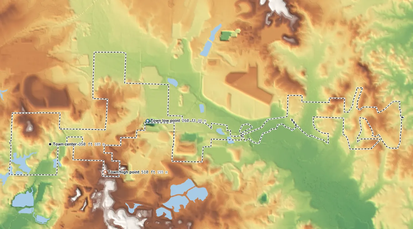 Topographic elevation map of Bauxite, Arkansas, shaded from 260 ft on the east side to 510 ft on the southeast side