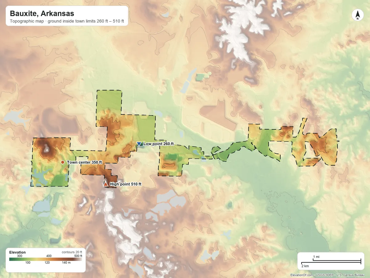 Topographic elevation map of Bauxite, Arkansas, shaded from 260 ft on the east side to 510 ft on the southeast side