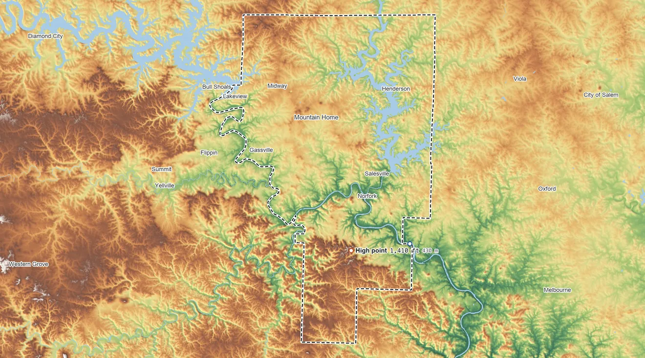 Topographic elevation map of Baxter County, Arkansas, shaded from 330 ft on the southeast side to 1,410 ft on the south side