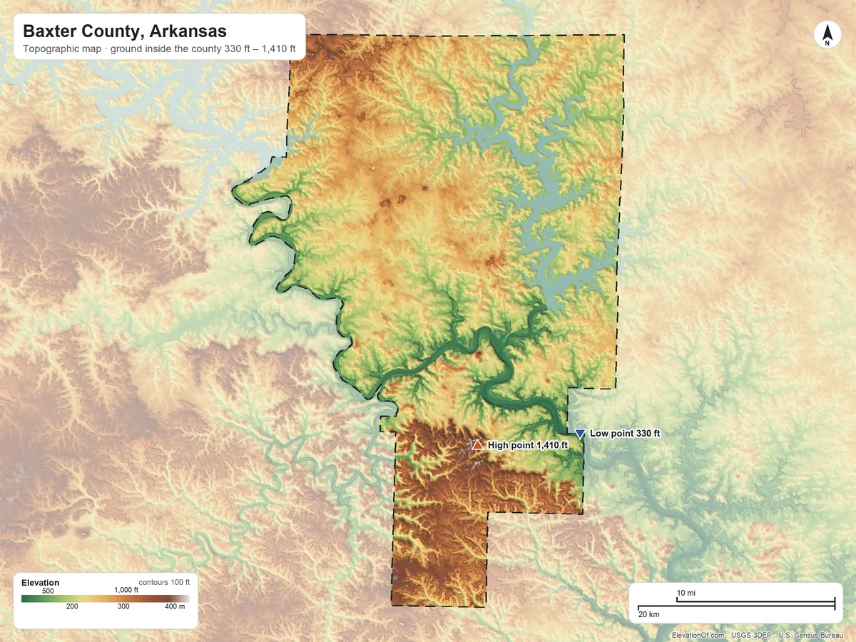 Topographic elevation map of Baxter County, Arkansas, shaded from 330 ft on the southeast side to 1,410 ft on the south side