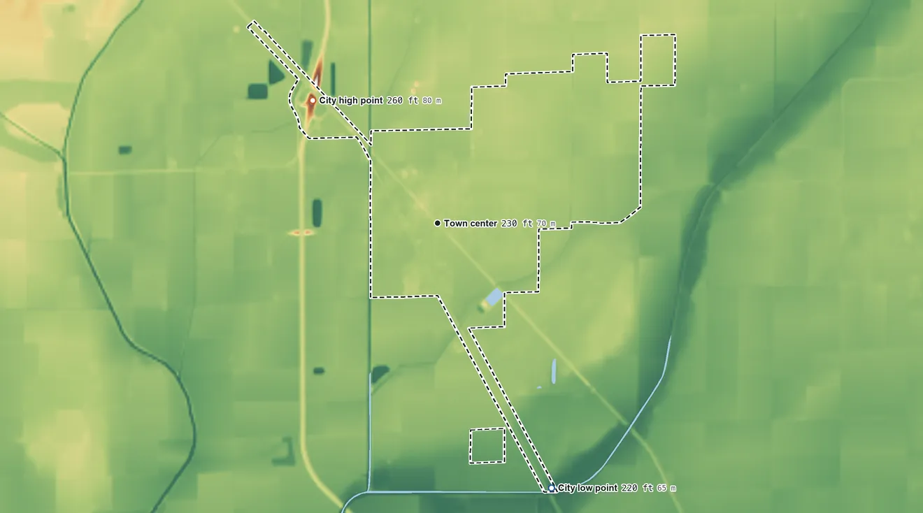 Topographic elevation map of Bay, Arkansas, shaded from 220 ft on the southeast side to 260 ft on the northwest side