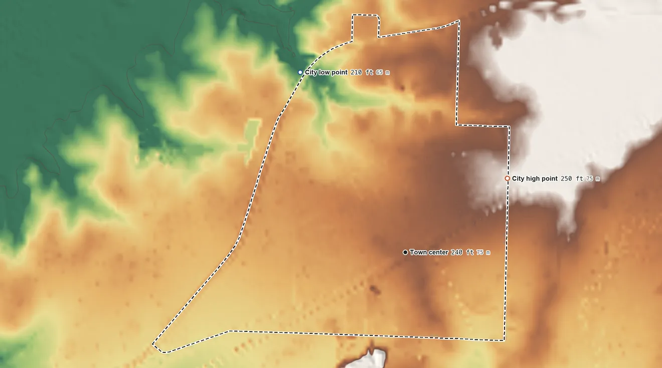 Topographic elevation map of Bearden, Arkansas, shaded from 210 ft on the northwest side to 250 ft on the northeast side