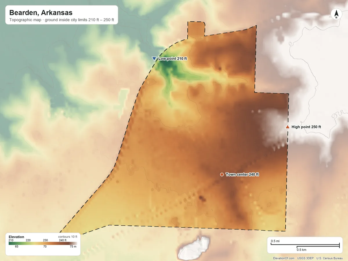 Topographic elevation map of Bearden, Arkansas, shaded from 210 ft on the northwest side to 250 ft on the northeast side