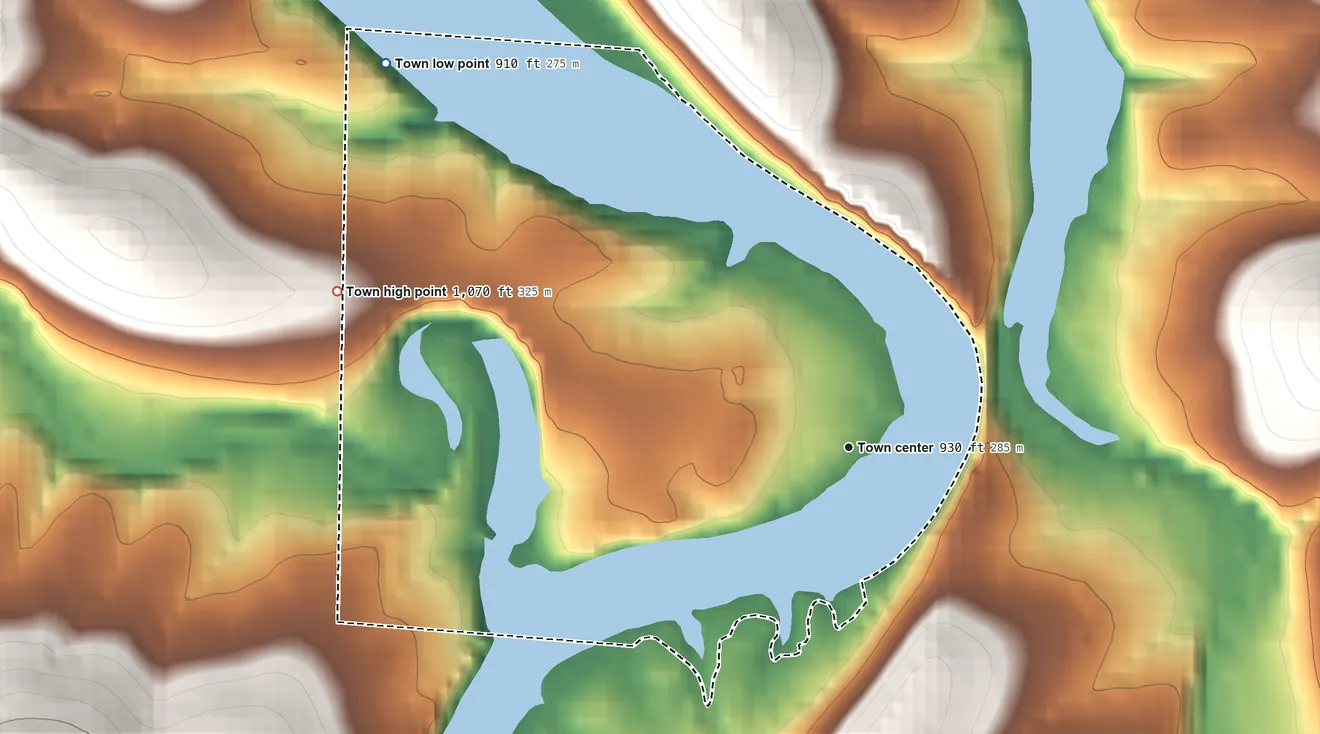 Topographic elevation map of Beaver, Arkansas, shaded from 910 ft on the northwest side to 1,070 ft on the west edge, below higher ground just outside