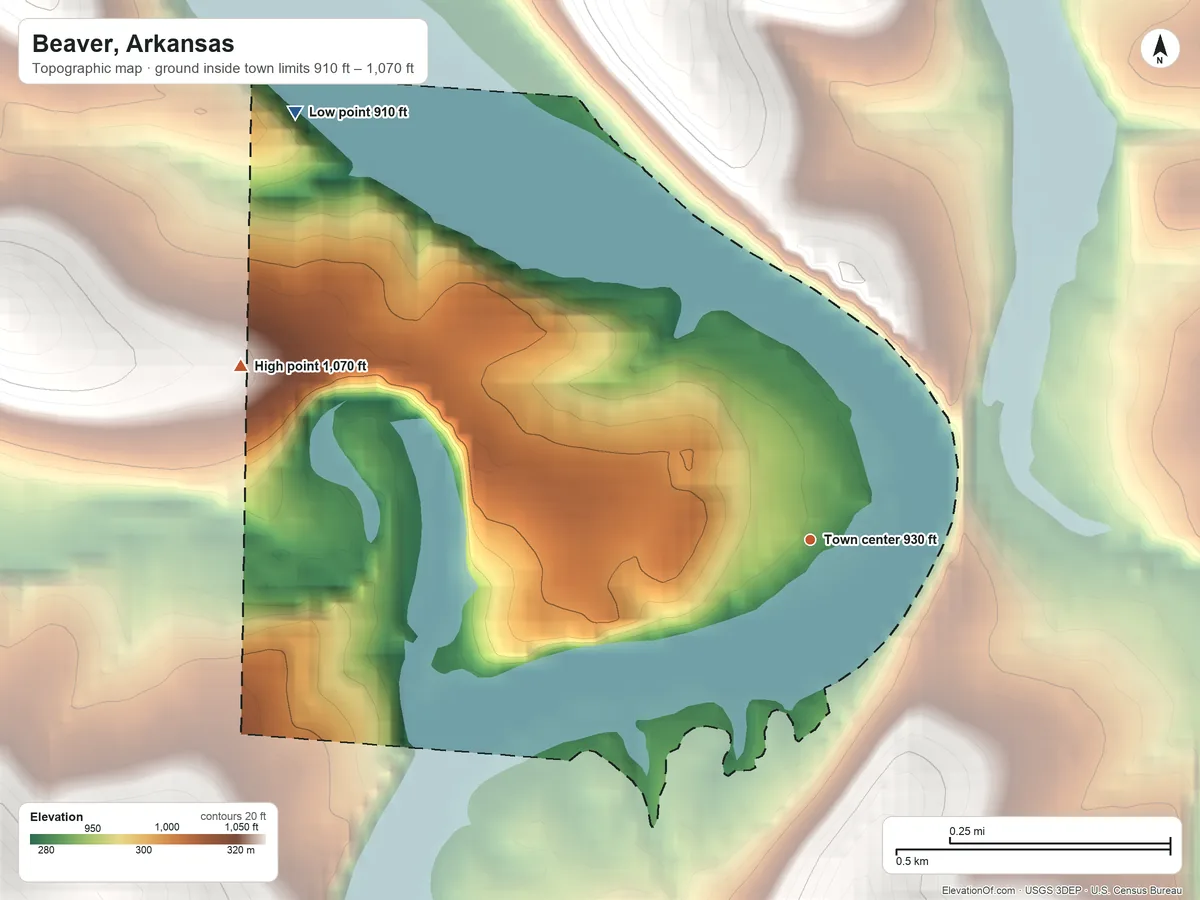 Topographic elevation map of Beaver, Arkansas, shaded from 910 ft on the northwest side to 1,070 ft on the west edge, below higher ground just outside
