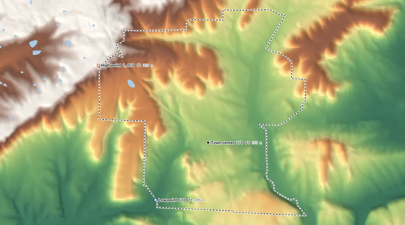 Topographic elevation map of Bee Branch, Arkansas, shaded from 680 ft on the southwest side to 1,060 ft on the northwest side