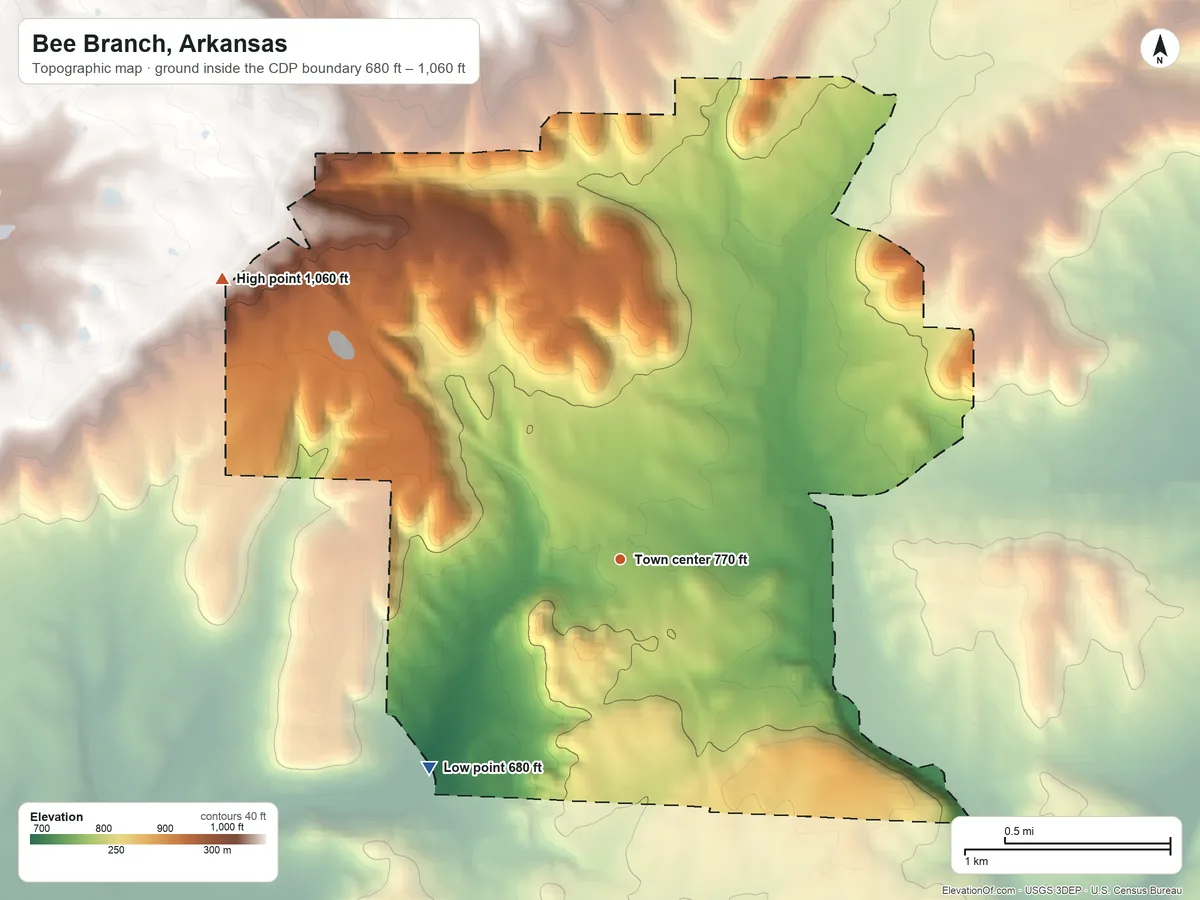 Topographic elevation map of Bee Branch, Arkansas, shaded from 680 ft on the southwest side to 1,060 ft on the northwest side