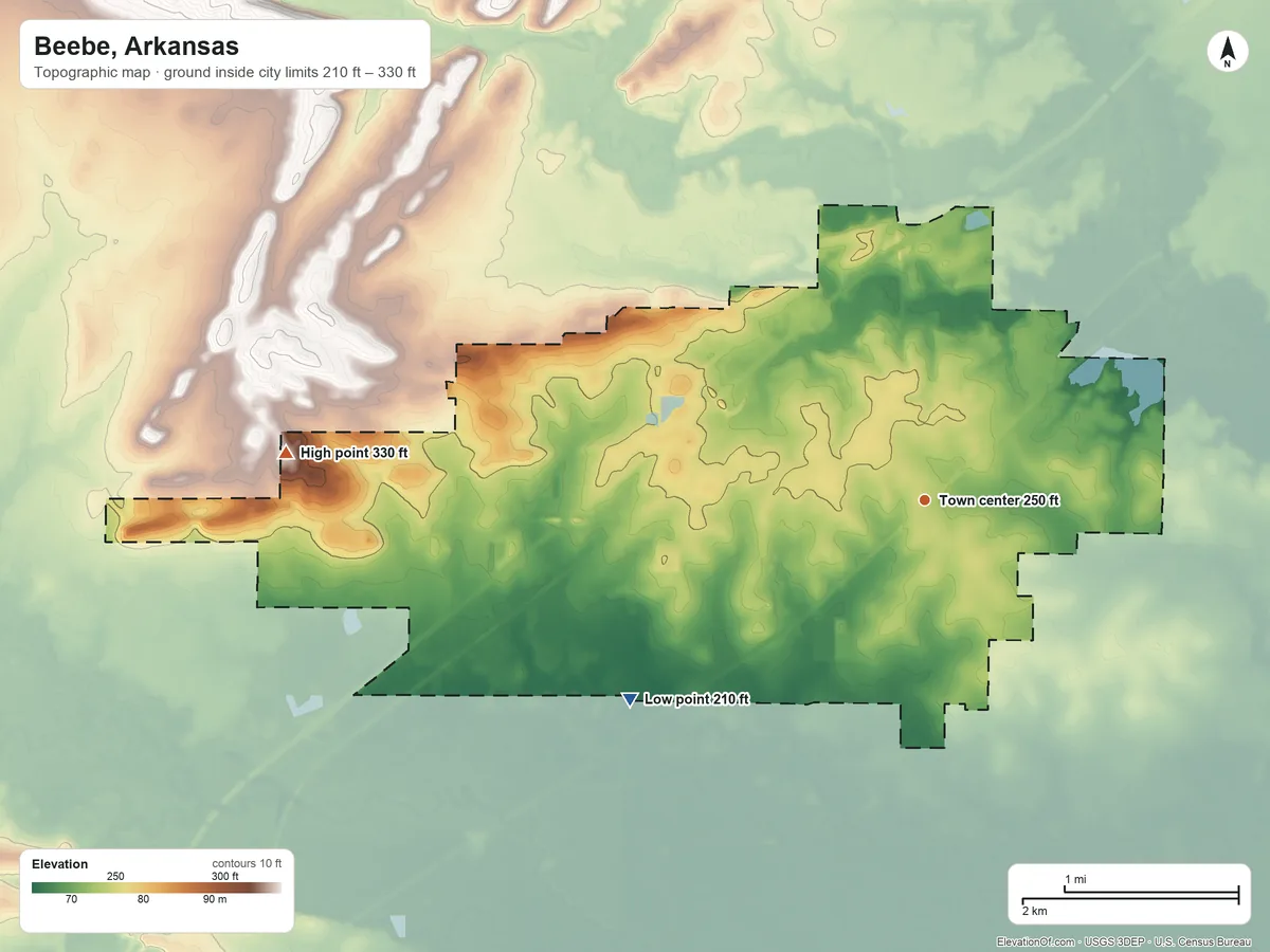 Topographic elevation map of Beebe, Arkansas, shaded from 210 ft on the southwest side to 330 ft on the west side