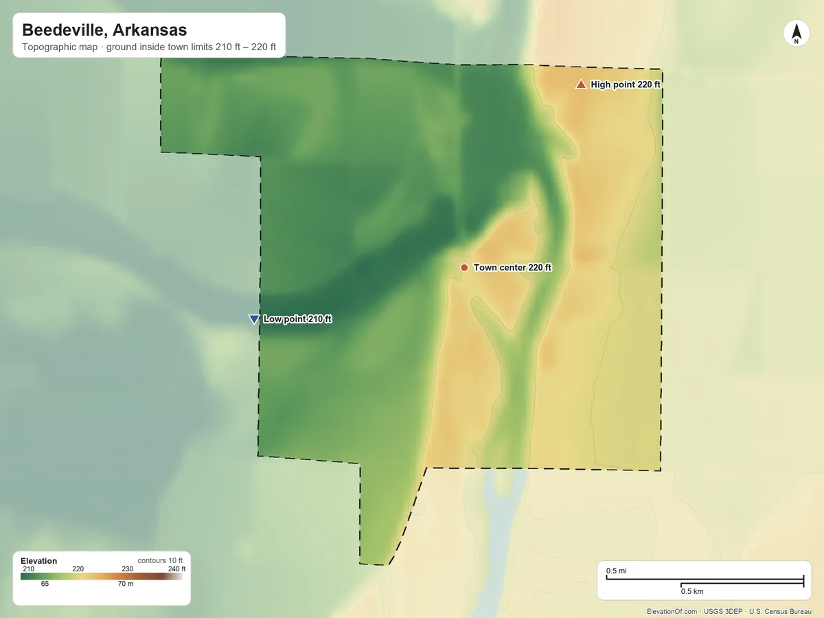 Topographic elevation map of Beedeville, Arkansas, shaded from 210 ft on the west side to 220 ft on the northeast side