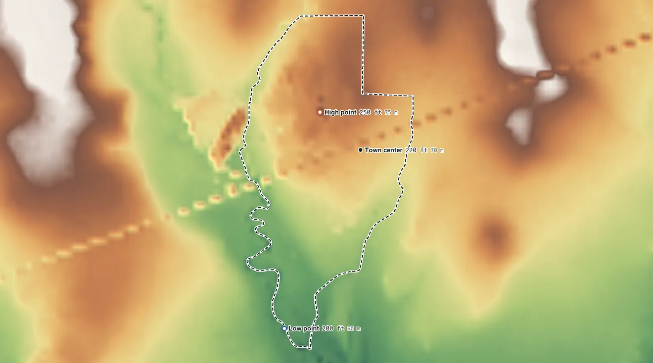Topographic elevation map of Beirne, Arkansas, shaded from 200 ft on the southwest side to 250 ft on the northwest side