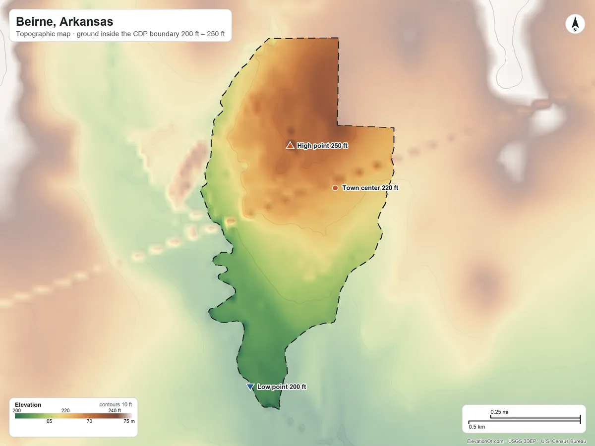 Topographic elevation map of Beirne, Arkansas, shaded from 200 ft on the southwest side to 250 ft on the northwest side