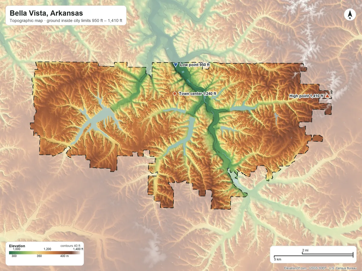 Topographic elevation map of Bella Vista, Arkansas, shaded from 950 ft near the middle to 1,410 ft on the east side
