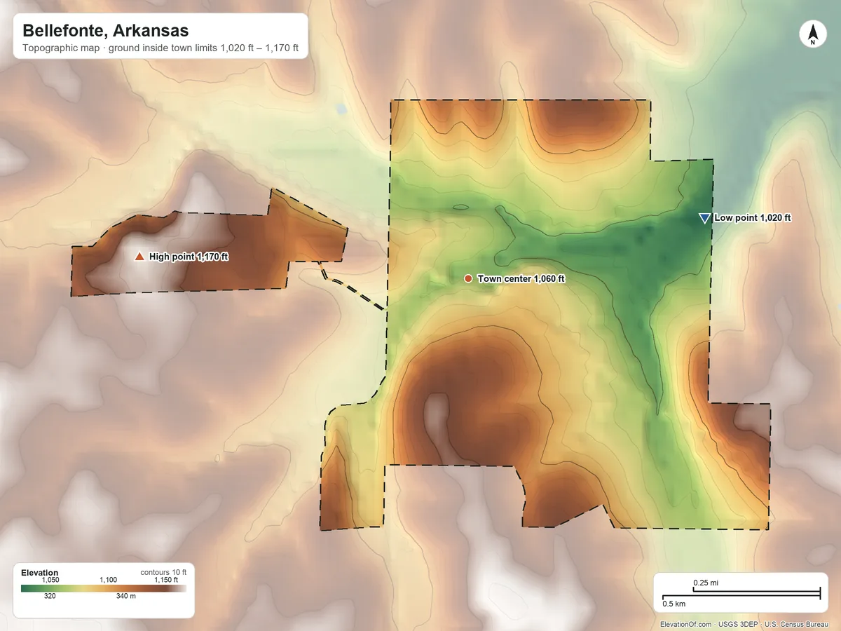 Topographic elevation map of Bellefonte, Arkansas, shaded from 1,020 ft on the east side to 1,170 ft on the west side