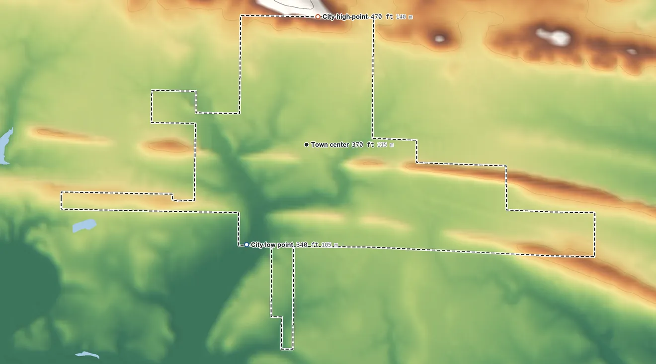 Topographic elevation map of Belleville, Arkansas, shaded from 340 ft on the southwest side to 470 ft on the north side